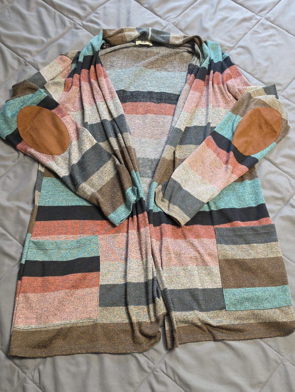 Striped Open Cardigan with Elbow Patches - Multicolor